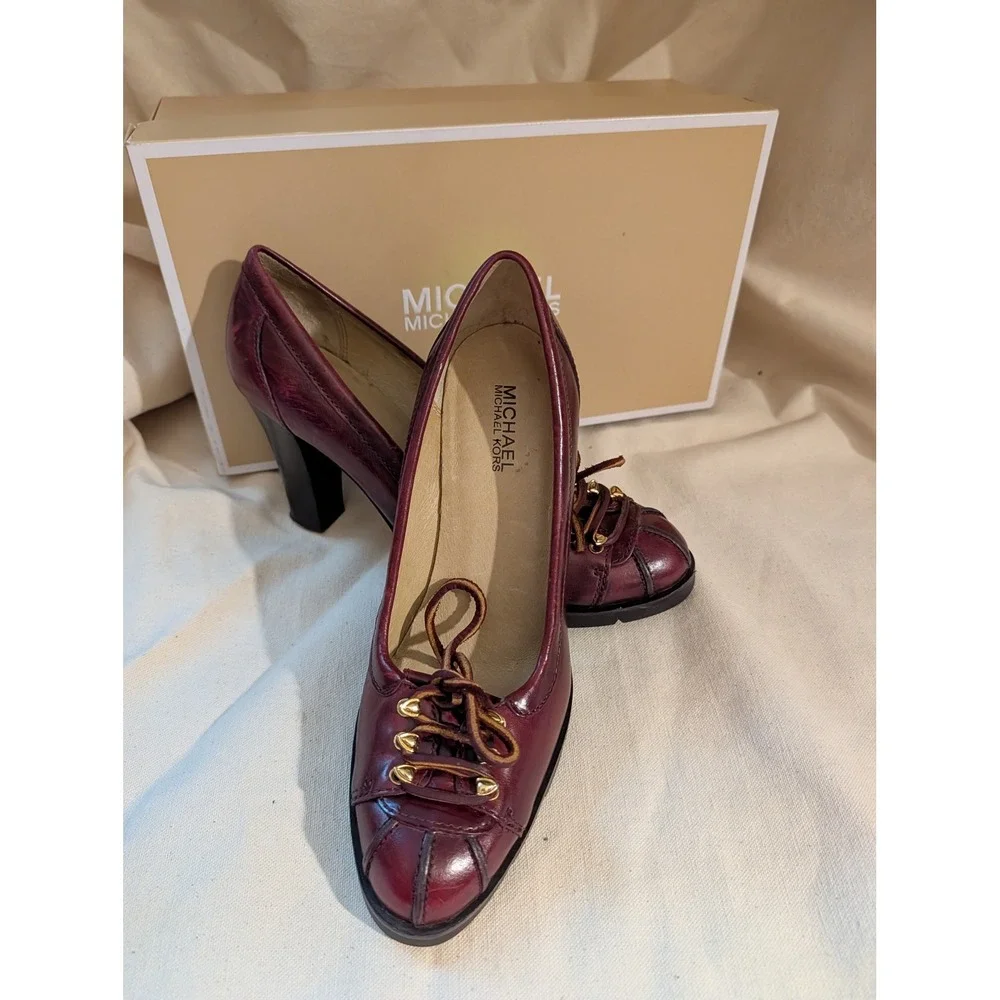Michael Kors Burgundy Leather Lace Up Block Heel Pumps Lug Sole Womens 8.5M